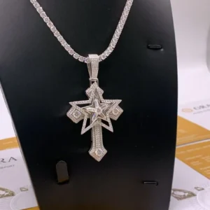 diamond star–cross pendant with tennis chain necklace