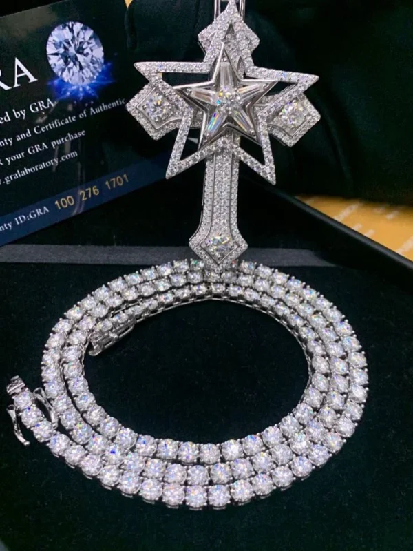 diamond star–cross pendant with tennis chain necklace