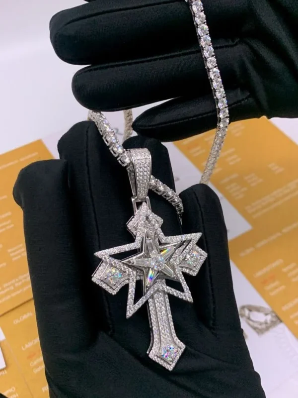 diamond star–cross pendant with tennis chain necklace