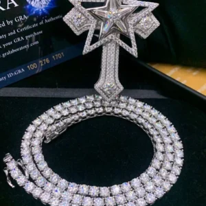 Diamond star cross pendant with tennis chain necklace